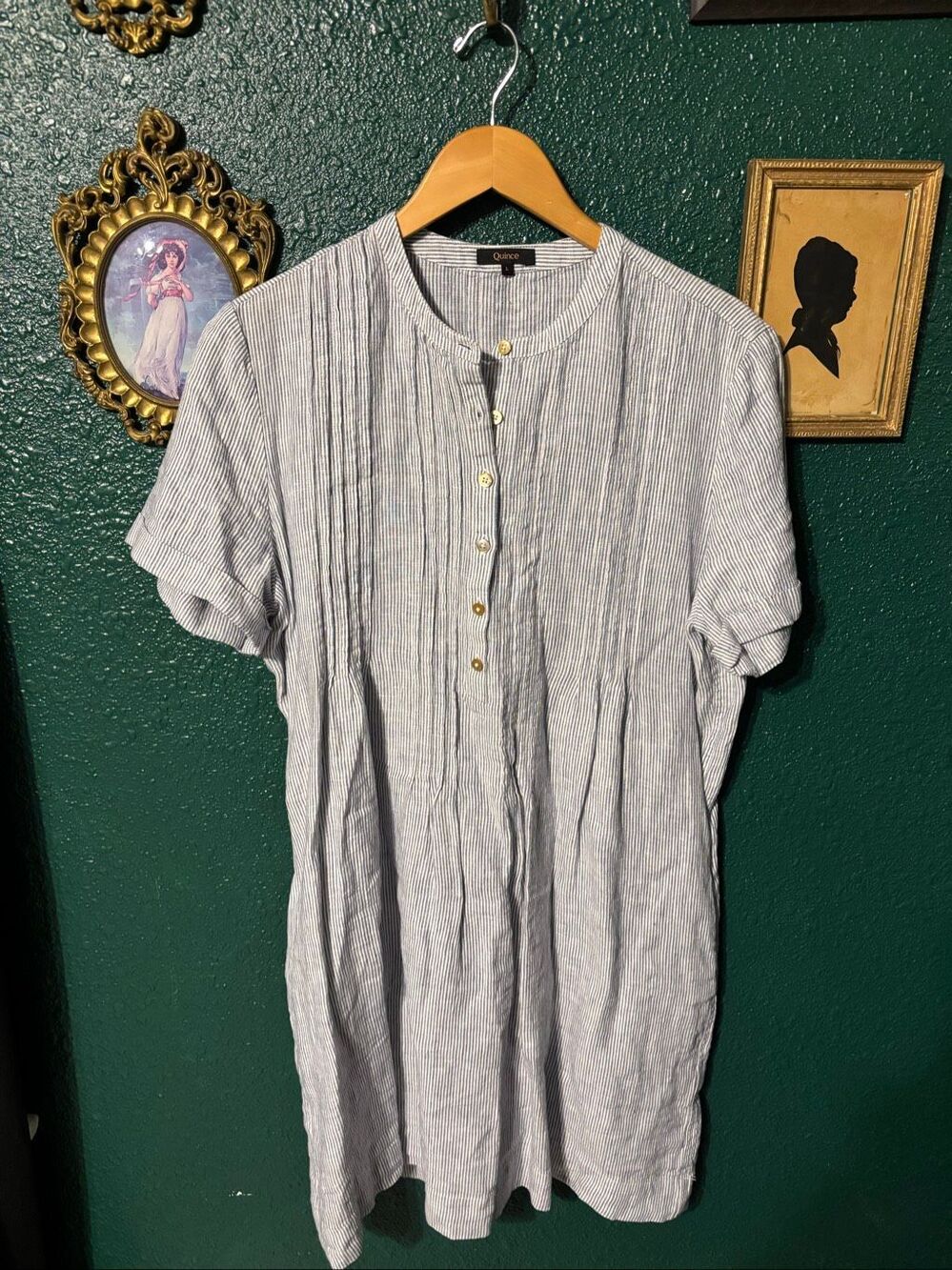 Quince Blue Pinstripe 100% Linen Knee Length Striped Dress Sz Large